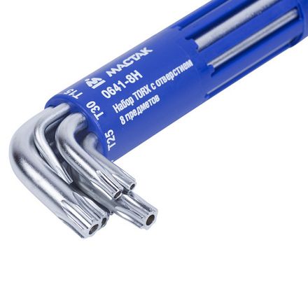 Цена на МАСТАК (0641-8HB) Набор Г-образных ключей TORX с отверстием, T10-T50, 8 предметов