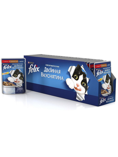 Влажный корм Felix Двойная вкуснятина для кошек, говядина птица в желе, 26 шт x 85 г