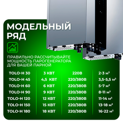 Steamtec TOLO Н 45 - 4,5 Квт, вертикальный парогенератор, 220В\380В (объем парной 3,5-5,5 м3)