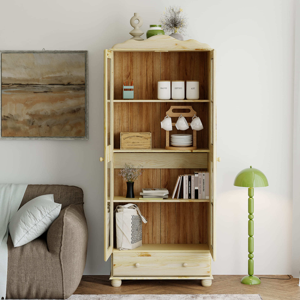 Шкаф витрина 2 двери 1 ящик Бритта из массива сосны, бежевый, в лаке