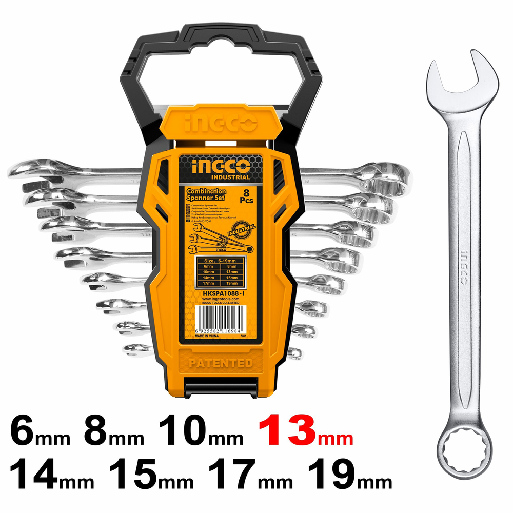 Набор комбинированных гаечных ключей INGCO HKSPA1088-I INDUSTRIAL 6-19 мм 8 шт.