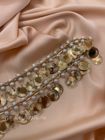 Цепь / бахрома золотистая металлическая декоративная (с монетами и жемчугом) монисты