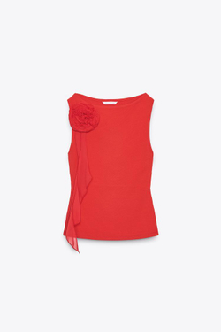 ZARA ТОП С ЦВЕТКОМ БЕЗ РУКАВОВ, КРАСНЫЙ