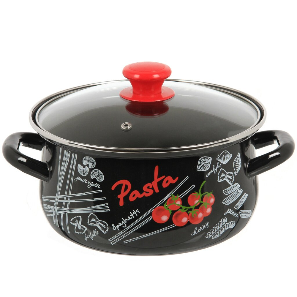 Кастрюля эмал сталь, 3 л, с крыш, крыш стекло, с декором, сферическая, Керчь, Болоньезе, 61915-123