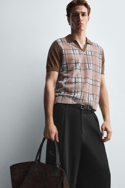 ZARA ТРИКОТАЖНОЕ ПОЛО В КЛЕТКУ С ПРИНТОМ, ТЕМНО-БЕЖЕВЫЙ