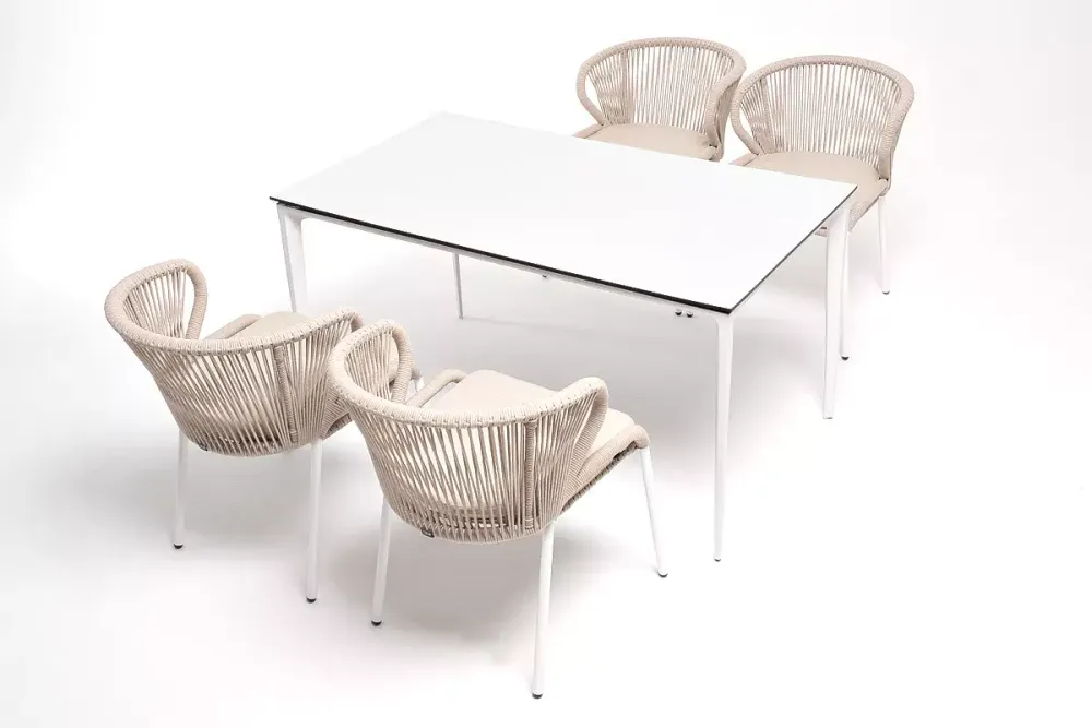 "Малага" обеденная группа на 4 персоны со стульями "Милан", каркас белый, роуп бежевый