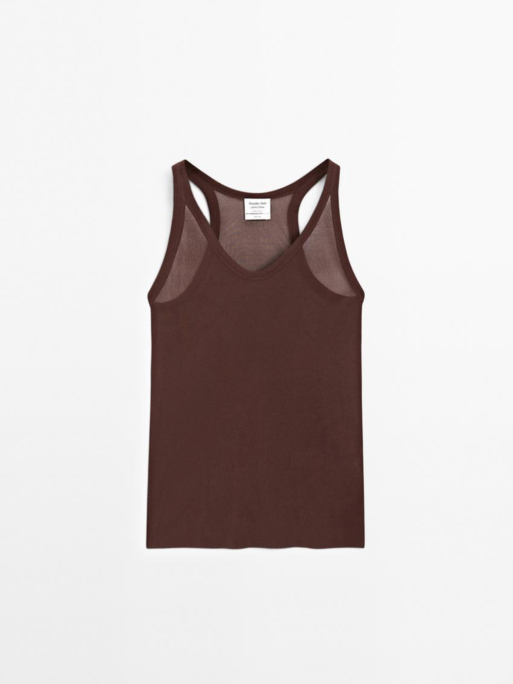 Massimo Dutti Топ из 100% чистого шелка с бретельками через шею - Limited Edition, шоколадно-коричневый