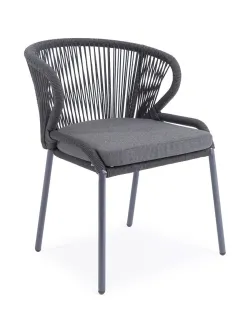 "Милан" стул плетеный из роупа, каркас алюминий темно-серый (RAL7024) муар, роуп темно-серый круглый, ткань темно-серая 027