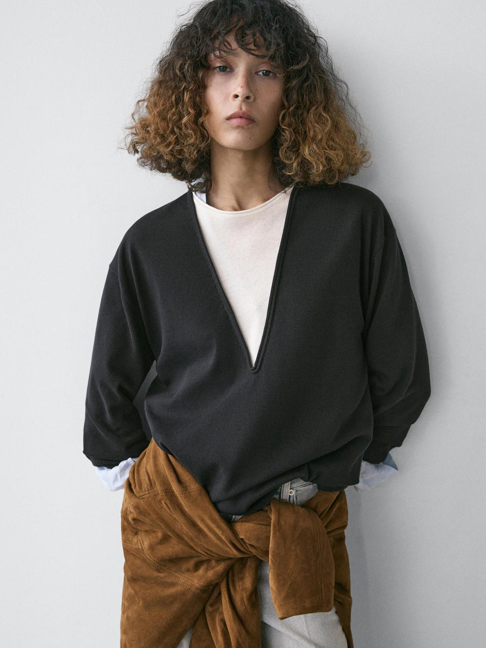 Massimo Dutti Свитер из смесового хлопка с контрастной отделкой, темно-синий