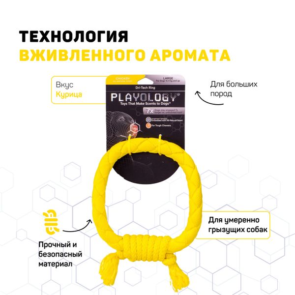 Жевательное кольцо-канат Playology DRI-TECH RING для собак средних и крупных пород с ароматом курицы, цвет желтый