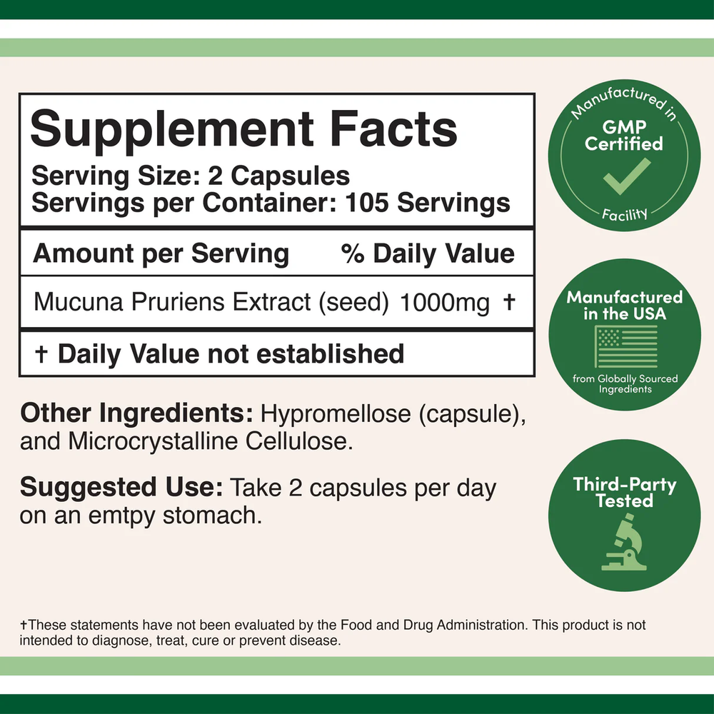 Double Wood Supplements - Mucuna Pruriens - 210 x 500 mg capsules