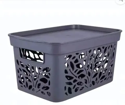 Корзина универсальная для хранения с крышкой «LEAVES», цвет серый, 27.4*19.7*14см. 5.5л