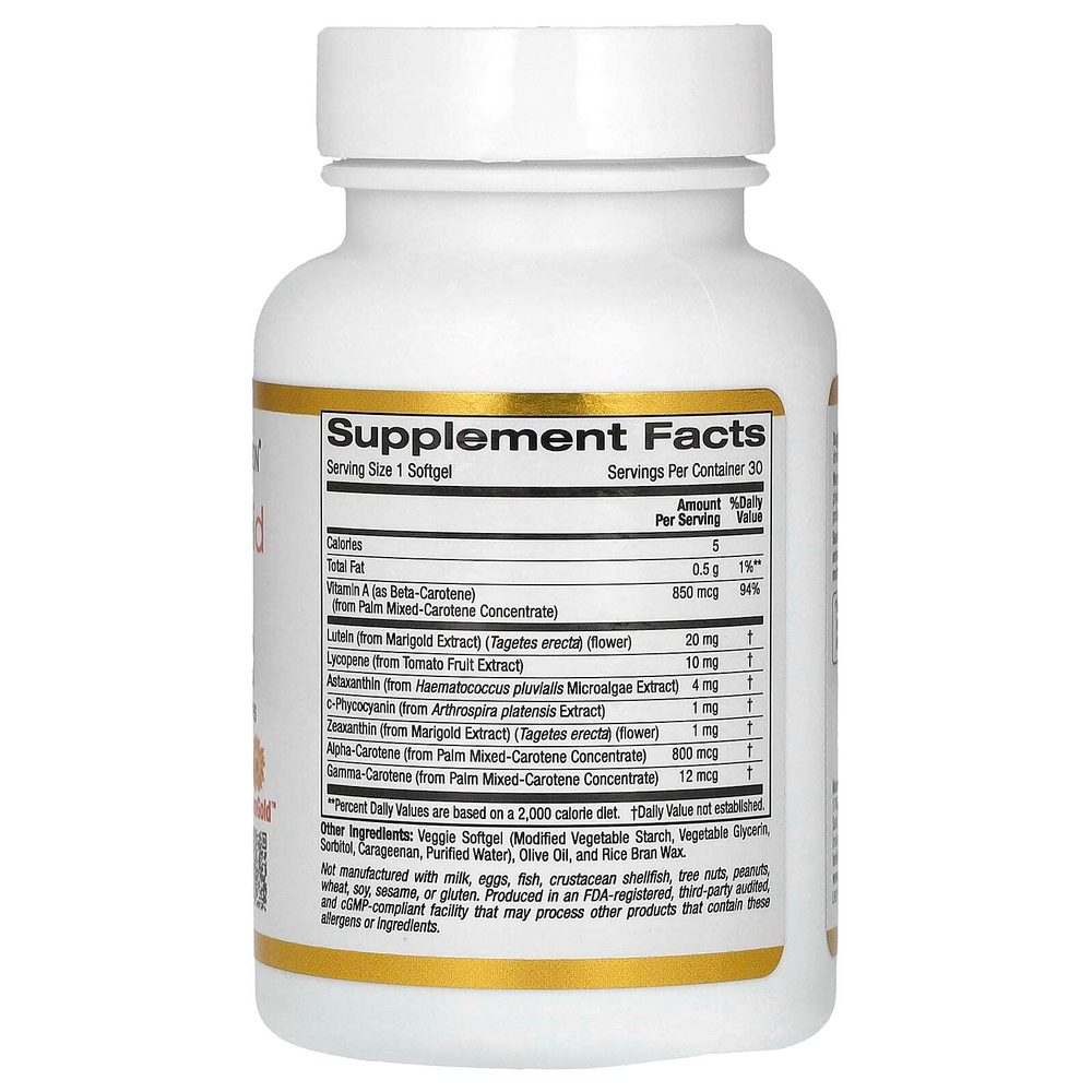 California Gold Nutrition, AstaCarotenoid, комплекс с лютеином, ликопином, астаксантином и витамином A, 30 вегетарианских капсул