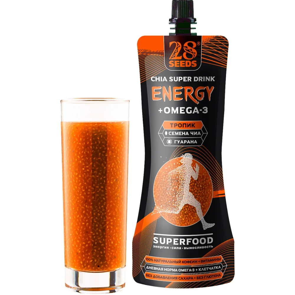 Энергетический напиток Чиа ОМЕГА-3 «Тропик» 250 мл 28SEEDS — напиток с семенами чиа в стакане