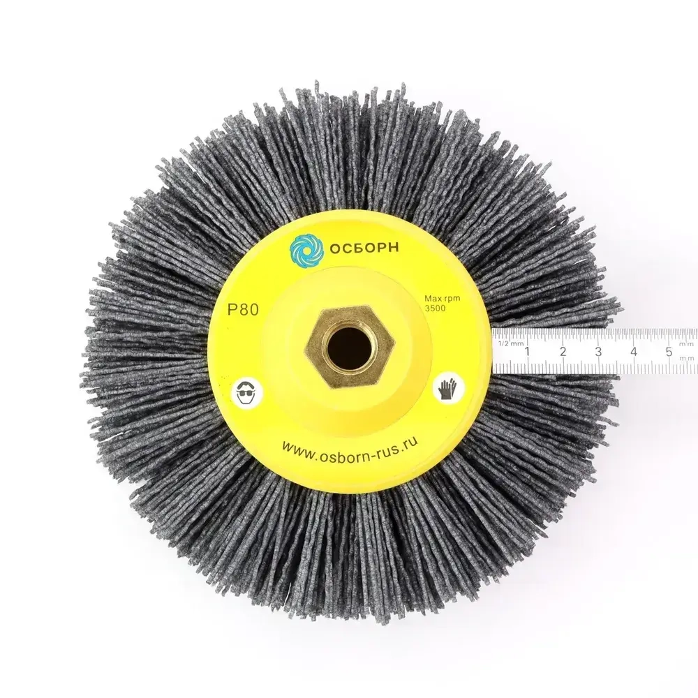 Нейлоновая щетка дисковая Д150 P80 ворс полимер абразив по дереву на УПМ УШМ (болгарка) для браширования и шлифовки ОСБОРН (код 6-012)