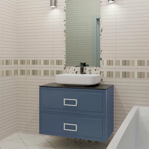 Тумба с раковиной LA FENICE Cubo Blu Grigio TWIN 80 синяя, столешница черная/ручки белые