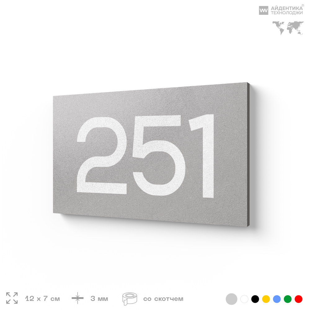 Номер на дверь 251, табличка на дверь для офиса, квартиры, кабинета, аудитории, склада, серая 120х70 мм, Айдентика Технолоджи