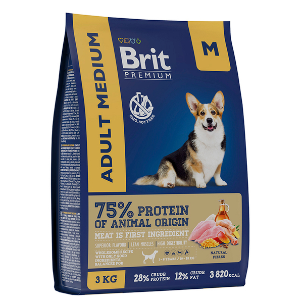 Сухой Корм Brit Premium Adult Medium с курицей 3кг, для собак ср.пород (10-25 кг) 06.25