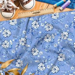 Ткань оксфорд 600 редкие элементы гжели на голубом фоне