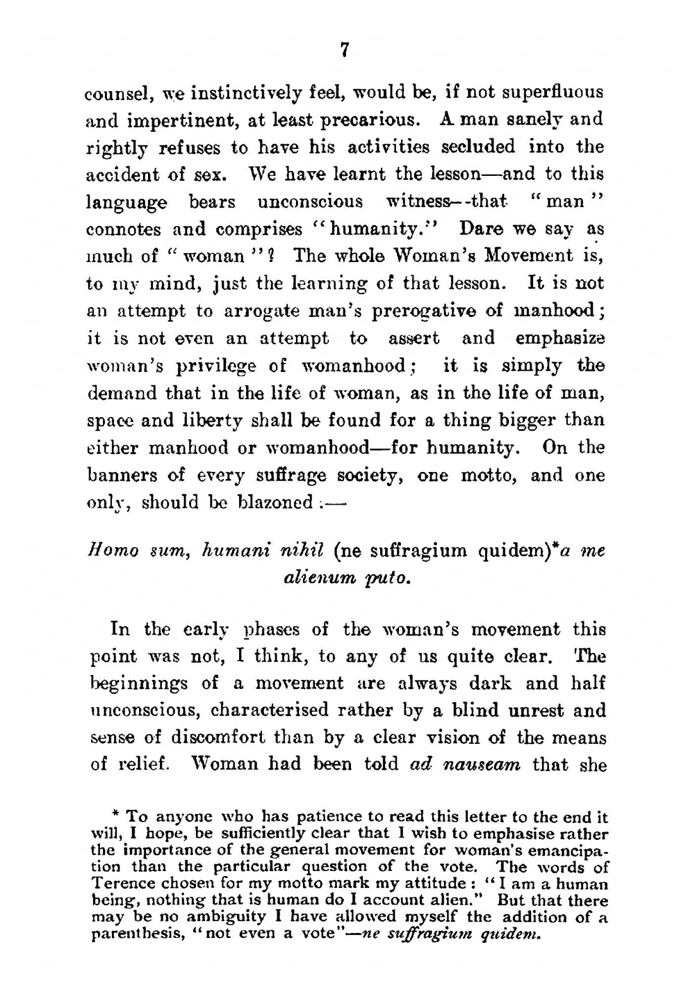 "Homo Sum" being a letter to an anti-suffragist from an anthropologist | Jane Ellen Harrison