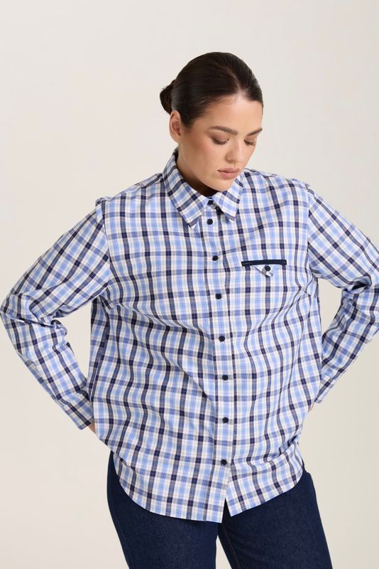 Рубашка с декоративным карманом в клетку, синий