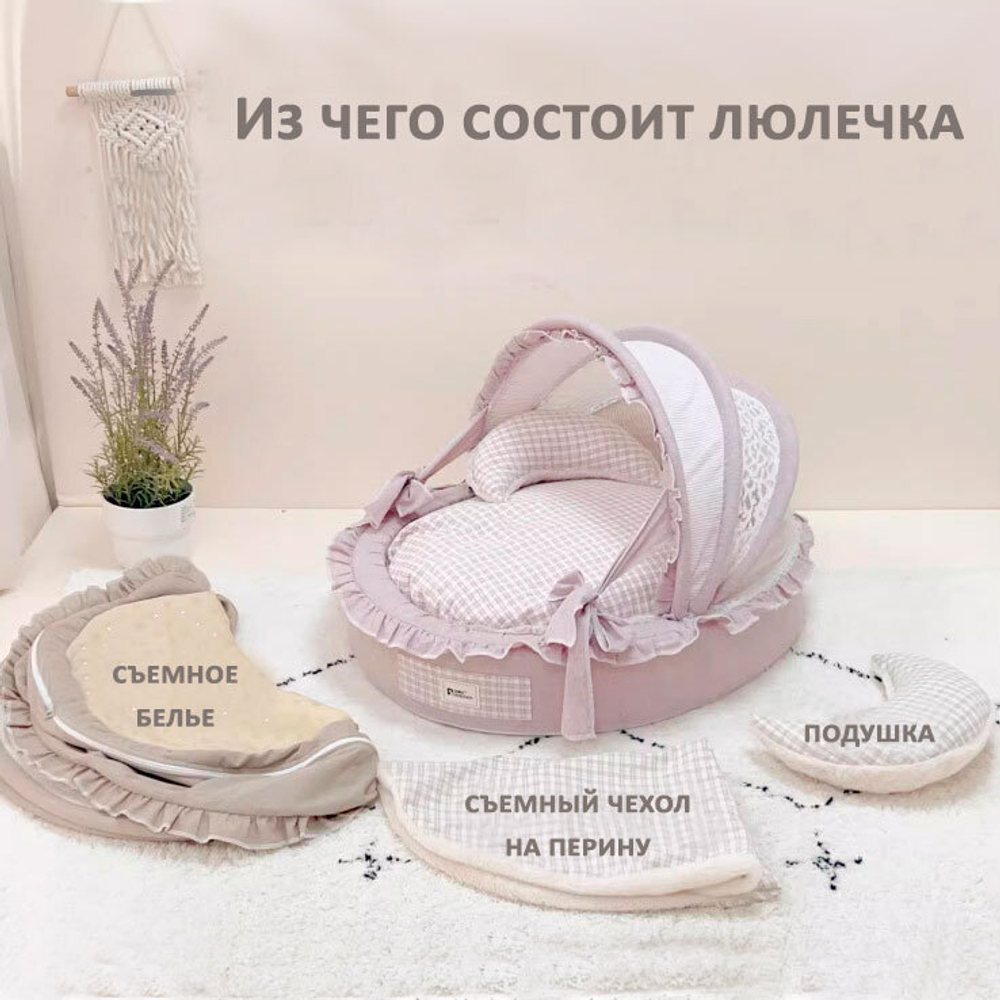 2027 Люлька с белым мехом и полосатой крышей PREMIUM (чехлы съёмные)