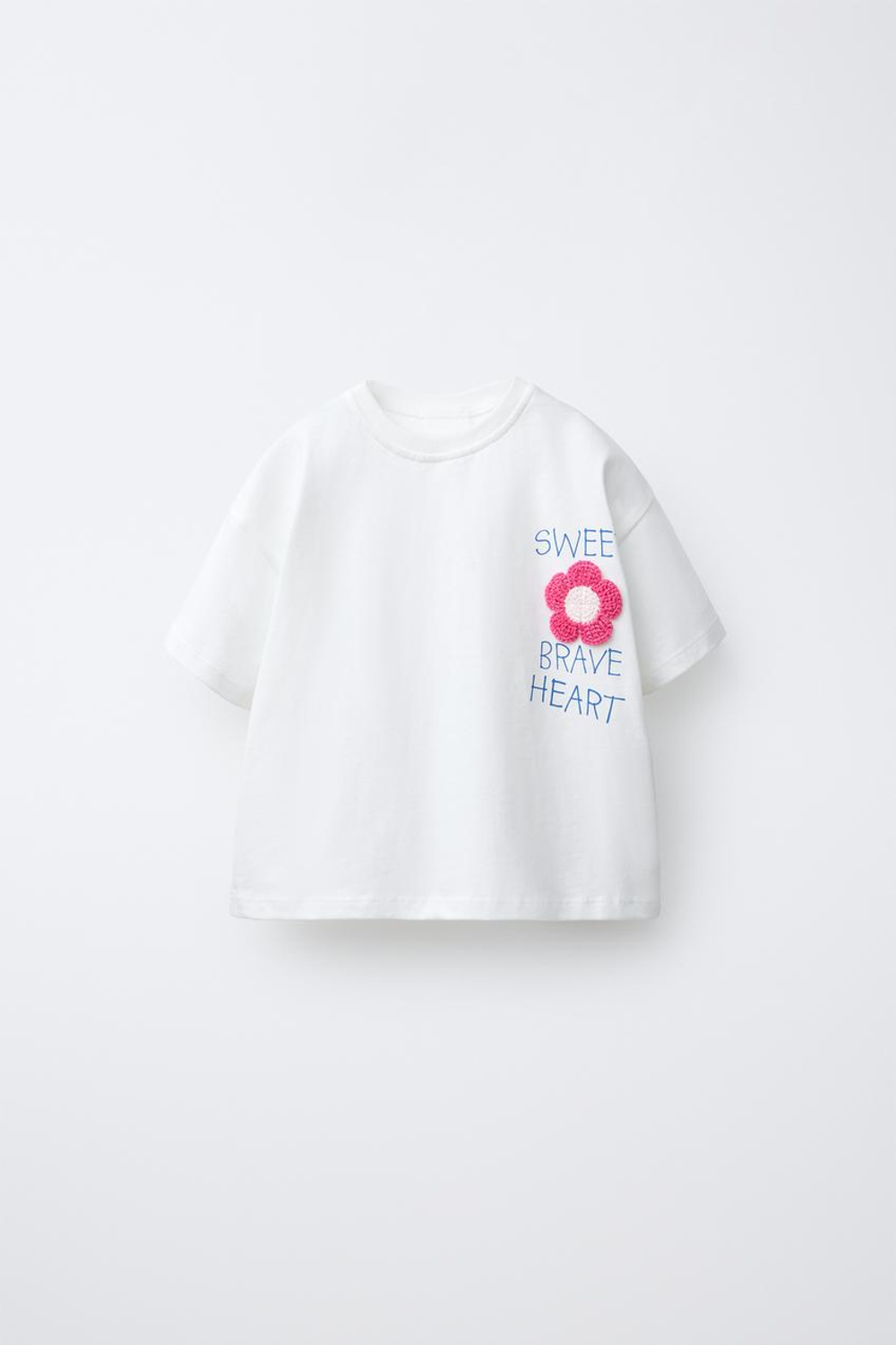 ZARA ФУТБОЛКА С ВЯЗАНЫМИ ЦВЕТАМИ КРЮЧКОМ, БЕЛЫЙ