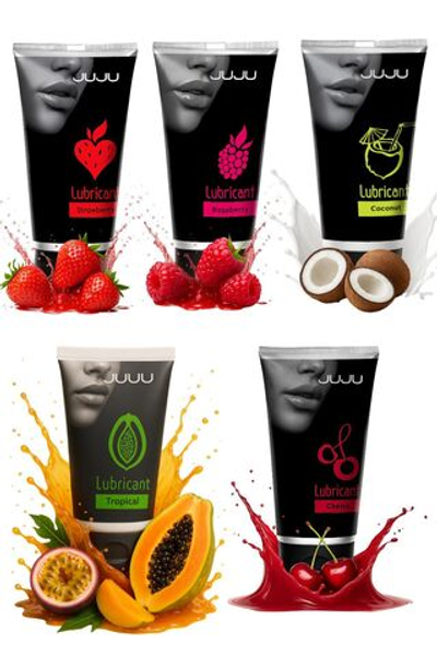 Набор из 5 съедобных лубрикантов JUJU (клубника, малина, тропические фрукты, вишня, кокос)