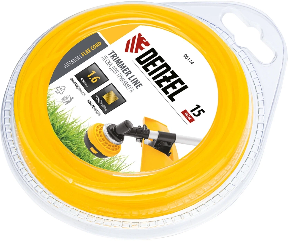 Леска для триммера квадрат 1,6 мм х 15 м блистер FLEX CORD DENZEL 96114