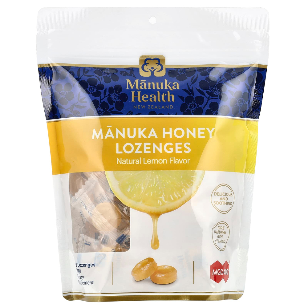 Manuka Health, Леденцы с медом Manuka, натуральный лимон, MGO 400+, 58 леденцов