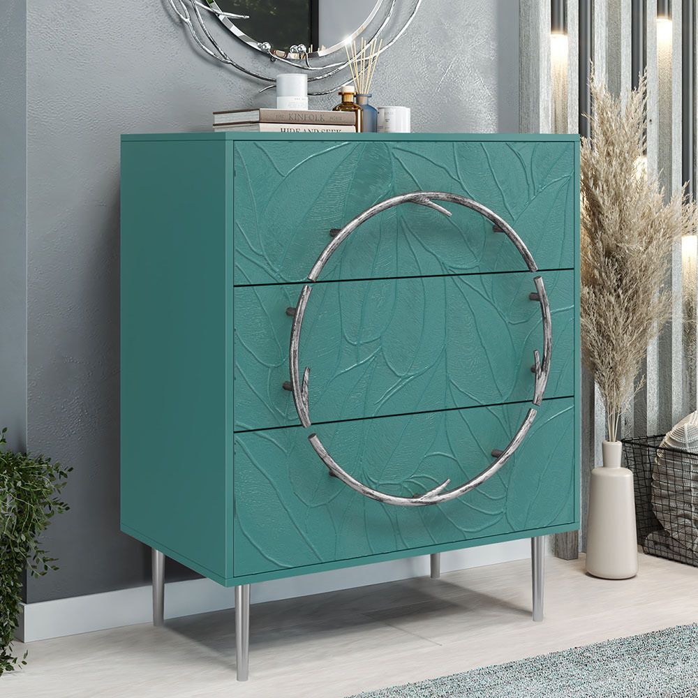 Комод Арт Колор leaves с 3-мя ящиками Стайл Сильвер Пастельно-синий