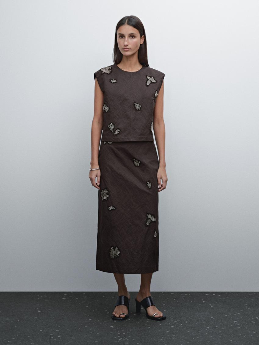 Massimo Dutti Хлопковая юбка миди со стразами, серовато-коричневый