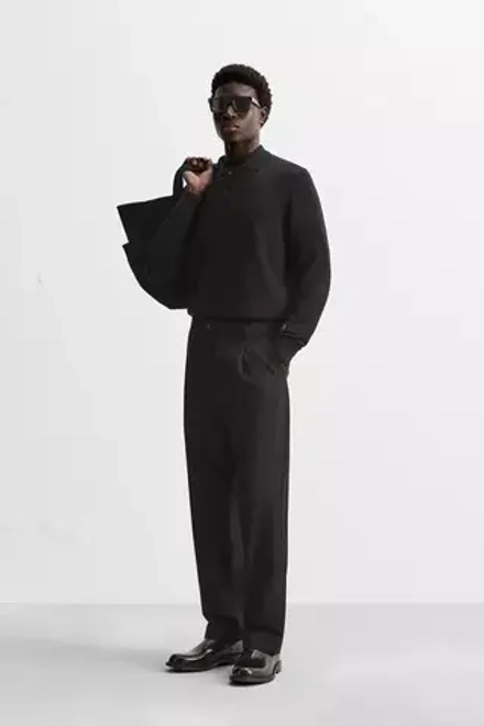 ZARA БРЮКИ ИЗ ХЛОПКА И ШЕРСТИ СО СКЛАДКАМИ, ЧЕРНЫЙ