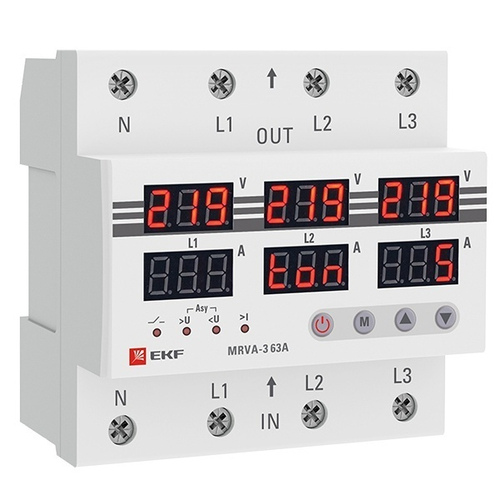 Трехфазное реле напряжения и тока с дисплеем MRVA-3 63A питание 80-400В 50Гц EKF MRVA-3-63A
