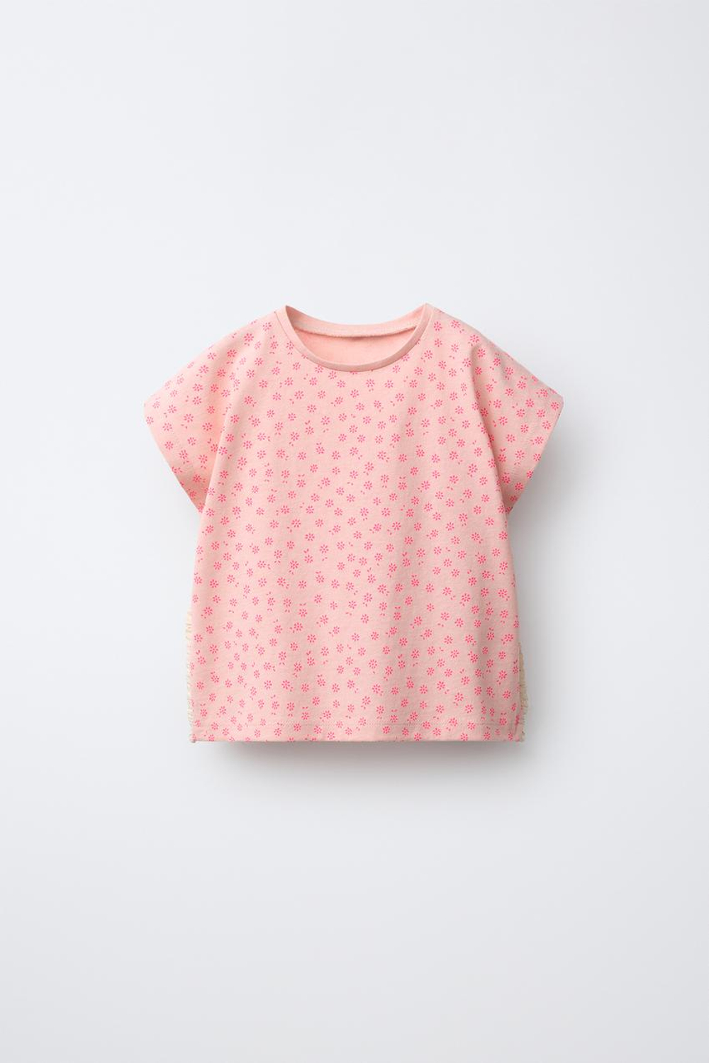 ZARA ФУТБОЛКА С ЦВЕТОЧНЫМ ПРИНТОМ И КРУЖЕВОМ, РОЗОВЫЙ