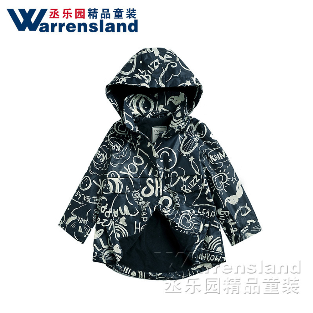 Плащ с принтом граффити, капюшоном и стойкой-воротником