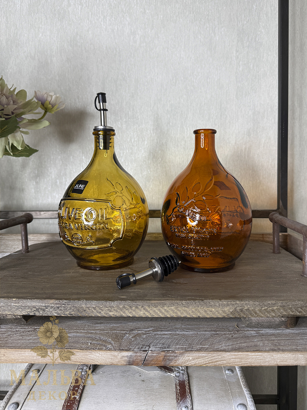 Набор декоративных бутылок для масла с дозатором "Олива" коричневые от J-LINE