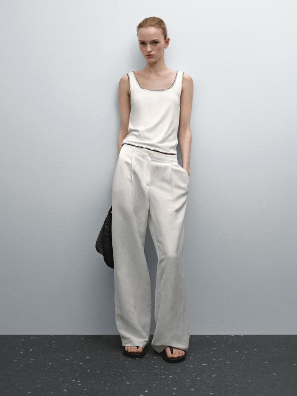 Massimo Dutti Топ на бретелях с контрастной деталью, натуральный, кремовый