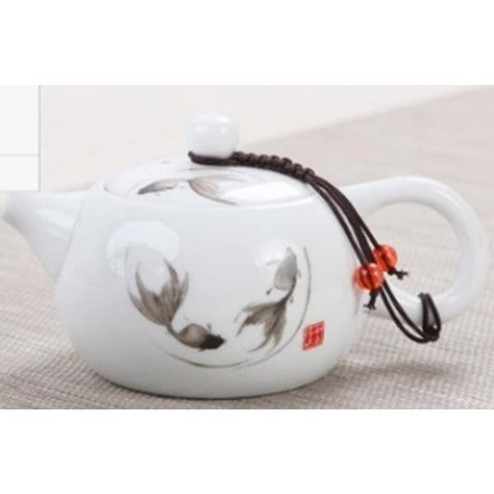 268030.2 Чайник БЕЛЫЙ НЕФРИТ "Хоровод рыбок" h=8 см,d=15 см, 200мл,фарфор глянц.белый