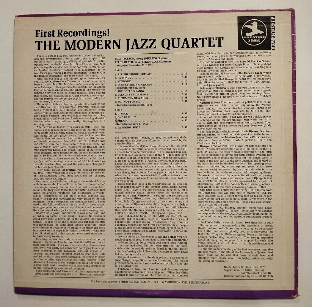 Винтажная виниловая пластинка LP The Modern Jazz Quartet First Recordings (USA 1975)