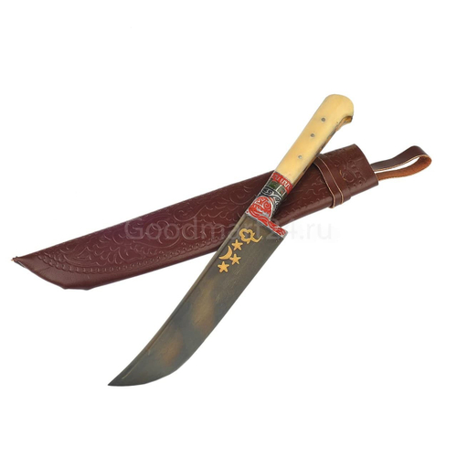 Нож Пчак средний Ерма кость гарда гравировка олово ШХ-15, 16-17 см