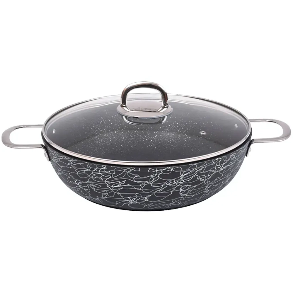 Сотейник 30*8,5см с ручками и стеклянной крышкой «Грация» (черный/серебро) сгчс308а