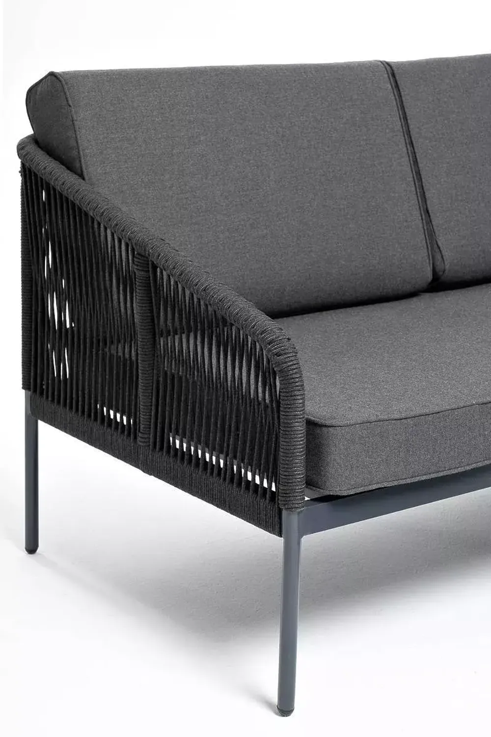 "Канны" правый модуль плетеный из роупа, каркас алюминий темно-серый (RAL7024) муар, роуп темно-серый круглый, ткань темно-серая 027