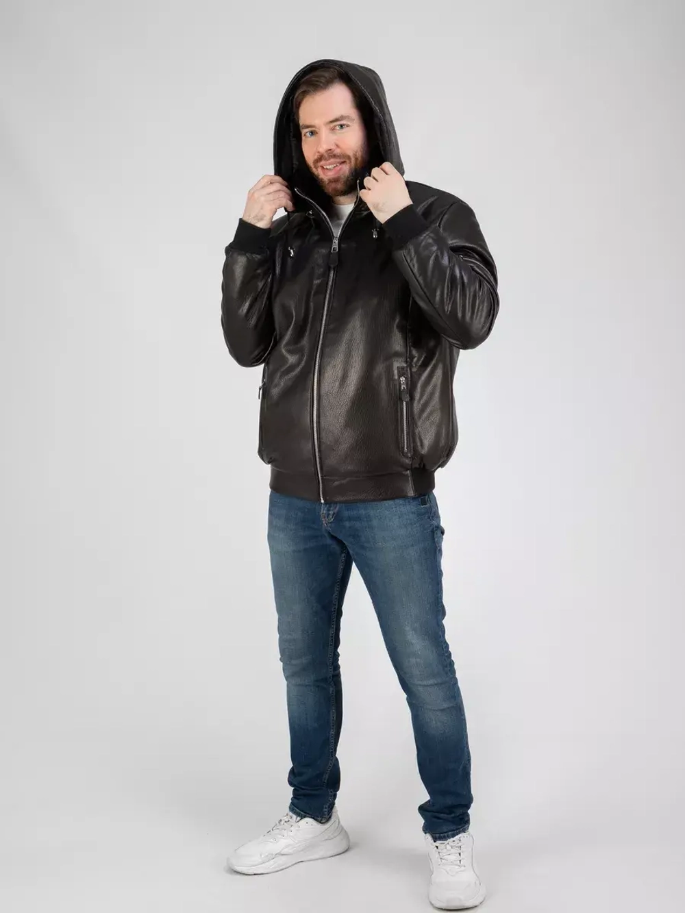 Куртка зимняя кожаная с капюшоном пуховик