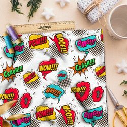 Ткань атлас громкие звуки из комиксов на белом фоне