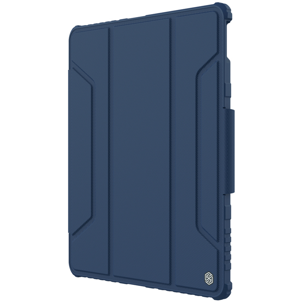 Чехол книжка синего цвета от Nillkin для планшета iPad Pro 12.9 с 2020 года и iPad Air 13 с 2024-, серия Bumper Pro, с задней шторкой для камеры