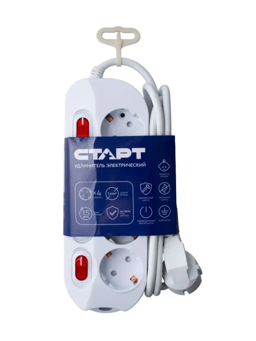Удлинитель сетевой бытовой c заземлением 1,5м 4 розетки, 16А, 3680Вт защита от детей