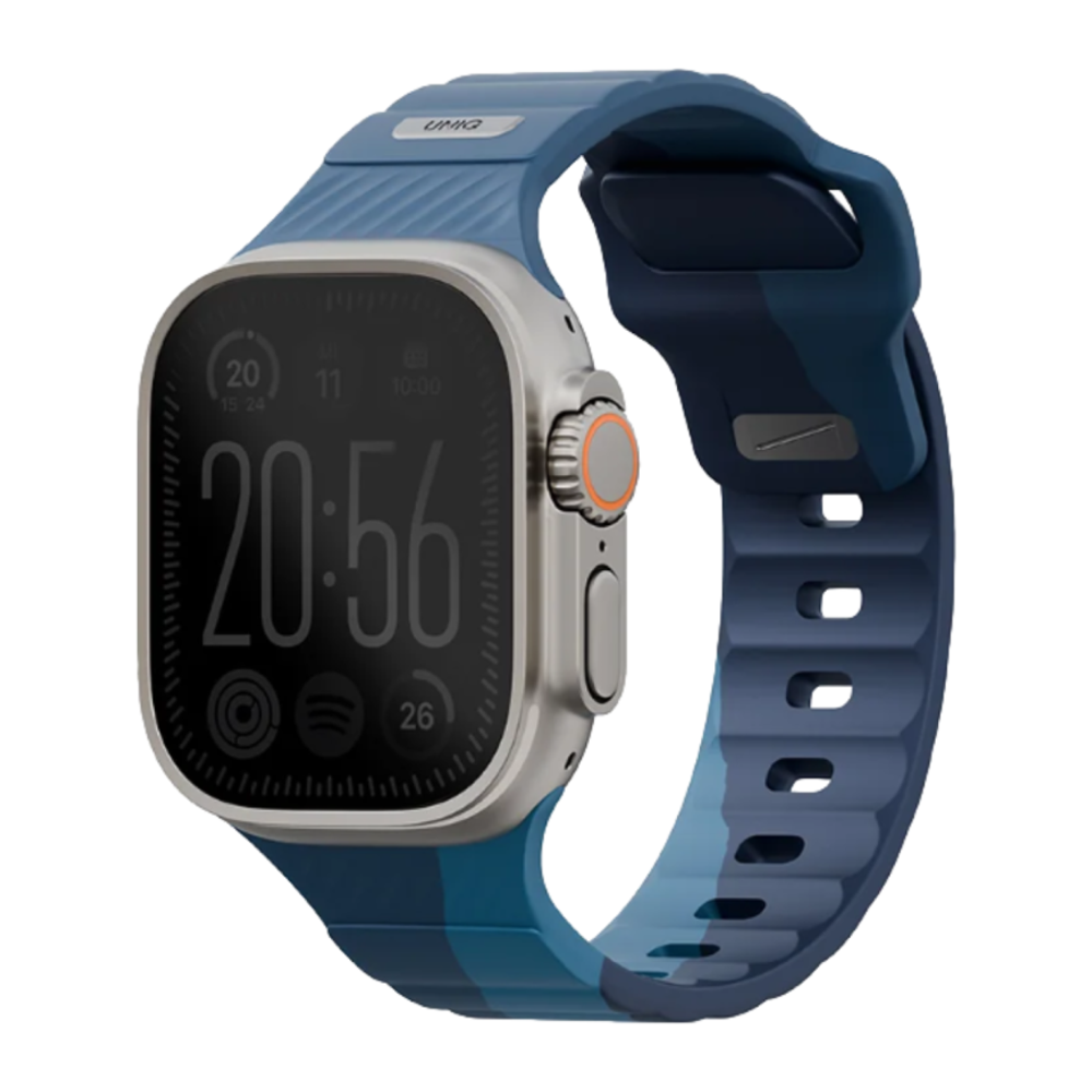 Спортивный ремешок Uniq Stride DE для Apple Watch 44, 45, 46 мм и Ultra 2–3 Водостойкий ремешок из фторэластомера с застёжкой pin-and-tuck из нержавеющей стали. На запястье обхватом 130–190 мм