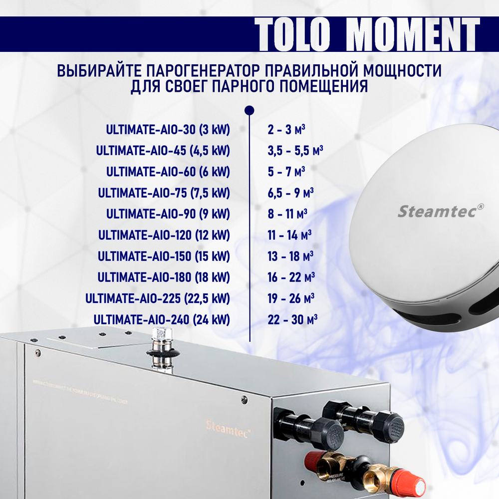 Steamtec TOLO MOMENT 90 - 9 кВт парогенераторы для хамама и турецкой бани / Серия PLATINUM со встроенной музыкой, пультом на 9-ти языках и возможностью монтажа без термодатчиков