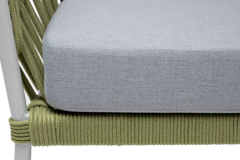"Диего" диван 2-местный плетеный из роупа, каркас алюминий светло-серый (RAL7035) муар, роуп салатовый меланж круглый, ткань светло-серая